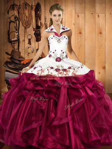 Sleeveless Floor Length Embroidery and Ruffles Lace Up Vestidos de Quinceanera with Fuchsia