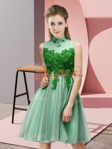 High-neck Sleeveless Bridesmaid Dresses Knee Length Appliques Apple Green Tulle