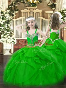 Floor Length Green Little Girl Pageant Gowns Straps Sleeveless Lace Up