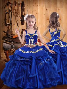 Wonderful Ball Gowns Pageant Dress Royal Blue Straps Organza Sleeveless Floor Length Lace Up
