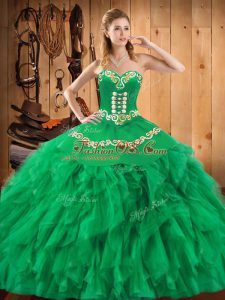 Sweetheart Sleeveless Lace Up Quince Ball Gowns Green Satin and Organza