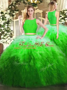 Green Organza Zipper Scoop Sleeveless Floor Length Quinceanera Gown Lace and Ruffles