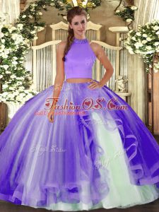 Lavender Backless Ball Gown Prom Dress Beading and Ruffles Sleeveless Floor Length