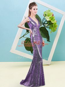Mermaid Prom Gown Eggplant Purple V-neck Sequined Sleeveless Floor Length Zipper