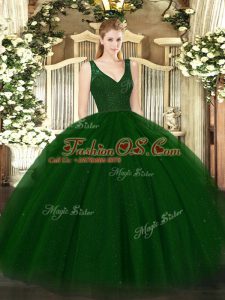 Dark Green Quinceanera Gown Military Ball and Sweet 16 and Quinceanera with Beading and Lace V-neck Sleeveless Backless