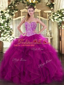 Dazzling Beading and Ruffles Quince Ball Gowns Fuchsia Lace Up Sleeveless Floor Length