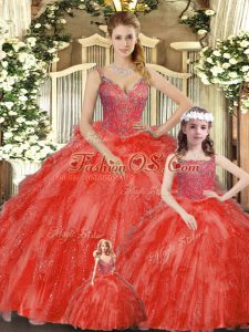 Floor Length Lace Up Quinceanera Gowns Red for Military Ball and Sweet 16 and Quinceanera with Beading and Ruffles