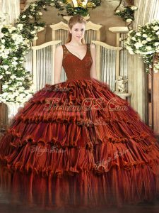 Rust Red Sleeveless Floor Length Beading and Lace and Ruffled Layers Backless 15 Quinceanera Dress