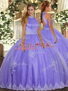 Lavender Tulle Backless Halter Top Sleeveless Floor Length Sweet 16 Quinceanera Dress Beading and Appliques