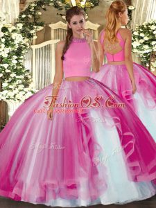 High Class Hot Pink Sleeveless Tulle Backless Sweet 16 Dress for Military Ball and Sweet 16 and Quinceanera