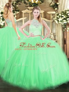 Two Pieces Lace Ball Gown Prom Dress Zipper Tulle Sleeveless Floor Length