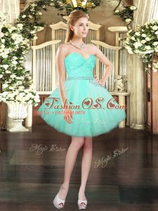 Eye-catching Mini Length Lace Up Prom Evening Gown Aqua Blue for Prom and Party with Beading and Lace