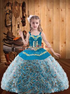 Multi-color Ball Gowns Fabric With Rolling Flowers Straps Sleeveless Embroidery and Ruffles Floor Length Lace Up Evening Gowns