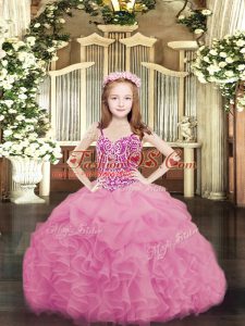 Admirable Rose Pink Organza Lace Up Spaghetti Straps Sleeveless Floor Length Little Girl Pageant Dress Beading and Ruffles and Pick Ups