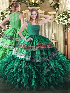 Vintage Appliques and Ruffles Sweet 16 Quinceanera Dress Turquoise Zipper Sleeveless Floor Length