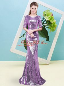 Floor Length Lavender Prom Evening Gown Scoop Half Sleeves Zipper
