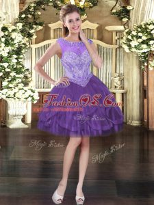 Tulle Scoop Sleeveless Lace Up Beading and Ruffles Homecoming Dress in Purple
