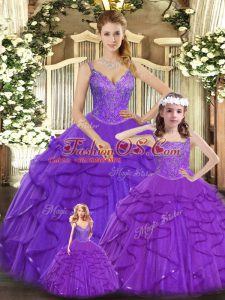 Fantastic Organza Straps Sleeveless Lace Up Beading and Ruffles Quinceanera Gowns in Purple