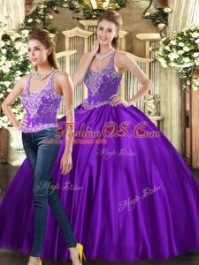 Amazing Purple Straps Neckline Beading Sweet 16 Dresses Sleeveless Lace Up