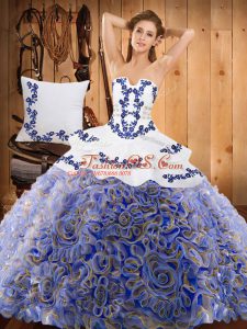 Fine Sleeveless Satin and Fabric With Rolling Flowers With Train Sweep Train Lace Up 15 Quinceanera Dress in Multi-color with Embroidery