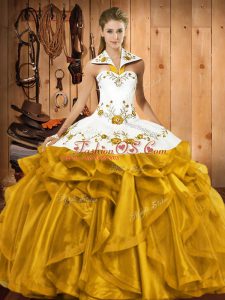 Gold Ball Gowns Satin and Organza Halter Top Sleeveless Embroidery and Ruffles Floor Length Lace Up 15th Birthday Dress