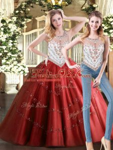Enchanting Wine Red Tulle Zipper Quince Ball Gowns Sleeveless Floor Length Beading