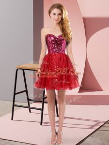 Mini Length Wine Red Homecoming Dress Tulle Sleeveless Sequins