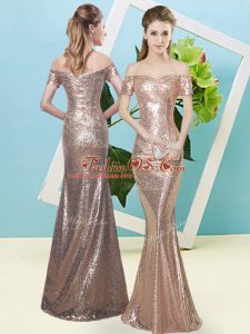 Adorable Floor Length Zipper Prom Dress Gold for Prom and Party with Sequins