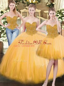 Glittering Gold Sleeveless Beading Floor Length Sweet 16 Dress