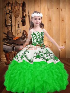 Green Lace Up High School Pageant Dress Embroidery and Ruffles Sleeveless Floor Length