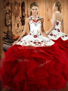 Hot Sale Wine Red Sleeveless Floor Length Embroidery and Ruffles Lace Up 15th Birthday Dress