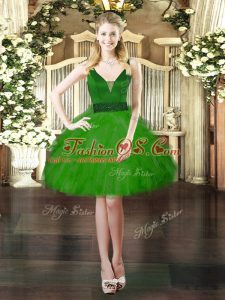 On Sale Green Lace Up V-neck Beading and Ruffles Homecoming Dress Tulle Sleeveless