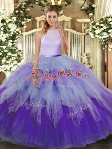 Popular Multi-color Ball Gowns Ruffles 15th Birthday Dress Backless Tulle Sleeveless Floor Length