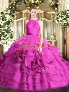 Shining Fuchsia Fabric With Rolling Flowers Zipper Scoop Sleeveless Floor Length Sweet 16 Dress Lace