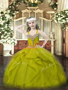 Custom Designed Olive Green Sleeveless Beading and Ruffles Floor Length Little Girls Pageant Gowns