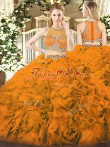 Enchanting Orange Red Ball Gowns Beading 15th Birthday Dress Zipper Fabric With Rolling Flowers Sleeveless Floor Length