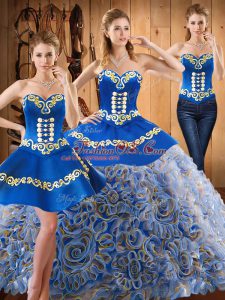 Strapless Sleeveless Quince Ball Gowns With Train Sweep Train Embroidery Multi-color Satin and Fabric With Rolling Flowers