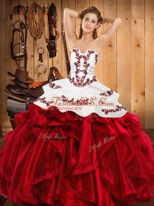 Excellent Ball Gowns Sweet 16 Dress Wine Red Strapless Satin and Organza Sleeveless Floor Length Lace Up