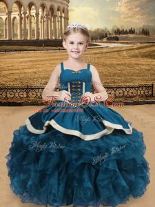 Excellent Ball Gowns Little Girls Pageant Dress Wholesale Teal Straps Organza and Taffeta Sleeveless Floor Length Lace Up
