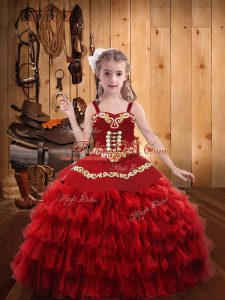 Red Sleeveless Embroidery and Ruffled Layers Floor Length Child Pageant Dress