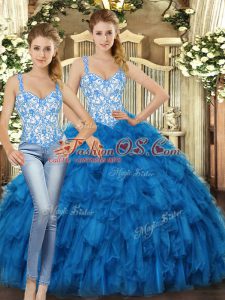 New Arrival Blue Sleeveless Organza Lace Up Sweet 16 Quinceanera Dress for Military Ball and Sweet 16 and Quinceanera