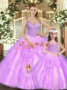 Extravagant Lilac Sleeveless Organza Lace Up Sweet 16 Quinceanera Dress for Military Ball and Sweet 16 and Quinceanera