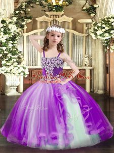Modern Purple Lace Up Child Pageant Dress Appliques Sleeveless Floor Length