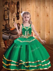 Green Sleeveless Embroidery and Ruffled Layers Floor Length Pageant Dress for Teens