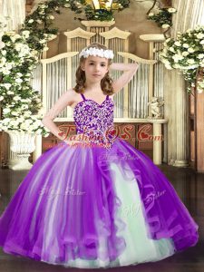 Floor Length Ball Gowns Sleeveless Purple Little Girl Pageant Gowns Lace Up