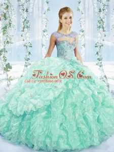 Decent Beading and Ruffles Quinceanera Dresses Apple Green Lace Up Sleeveless Brush Train