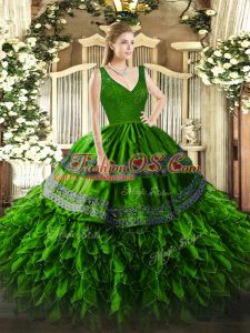 Modern Green Sleeveless Beading and Appliques and Ruffles Floor Length Quinceanera Gown