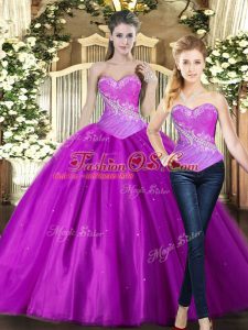 Fuchsia Ball Gowns Tulle Sweetheart Sleeveless Beading Floor Length Lace Up Sweet 16 Dresses