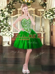 Suitable Sleeveless Tulle Mini Length Lace Up Dress for Prom in Green with Beading