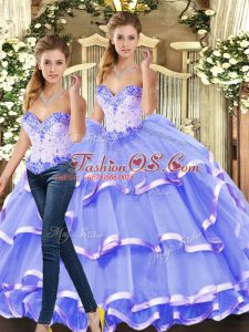 Chic Lavender 15th Birthday Dress Military Ball and Sweet 16 and Quinceanera with Beading and Ruffled Layers Sweetheart Sleeveless Lace Up